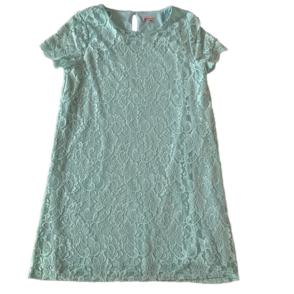 Juicy Couture Aqua Lace Overlay Short Sleeves Round Neck Shift Dress Extra Large